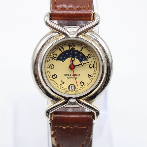 Vintage Time Square Watch Womens Silver Tone Moonphase Brown Leather Band - Picture 3 of 8